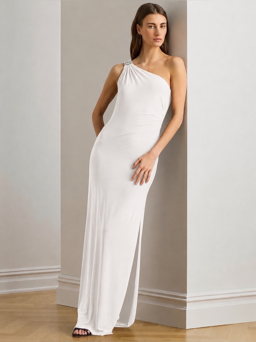 Ralph Lauren Evening Elegant Grecian One-Shoulder Embellished Gown Size 2P